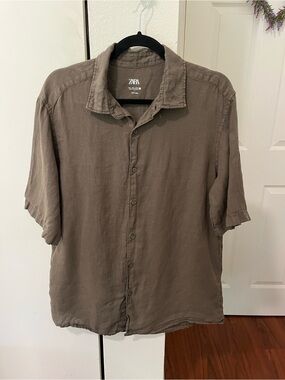 Zara Men's Casual Linen Short-Sleeve Button-Down Shirt - Olive